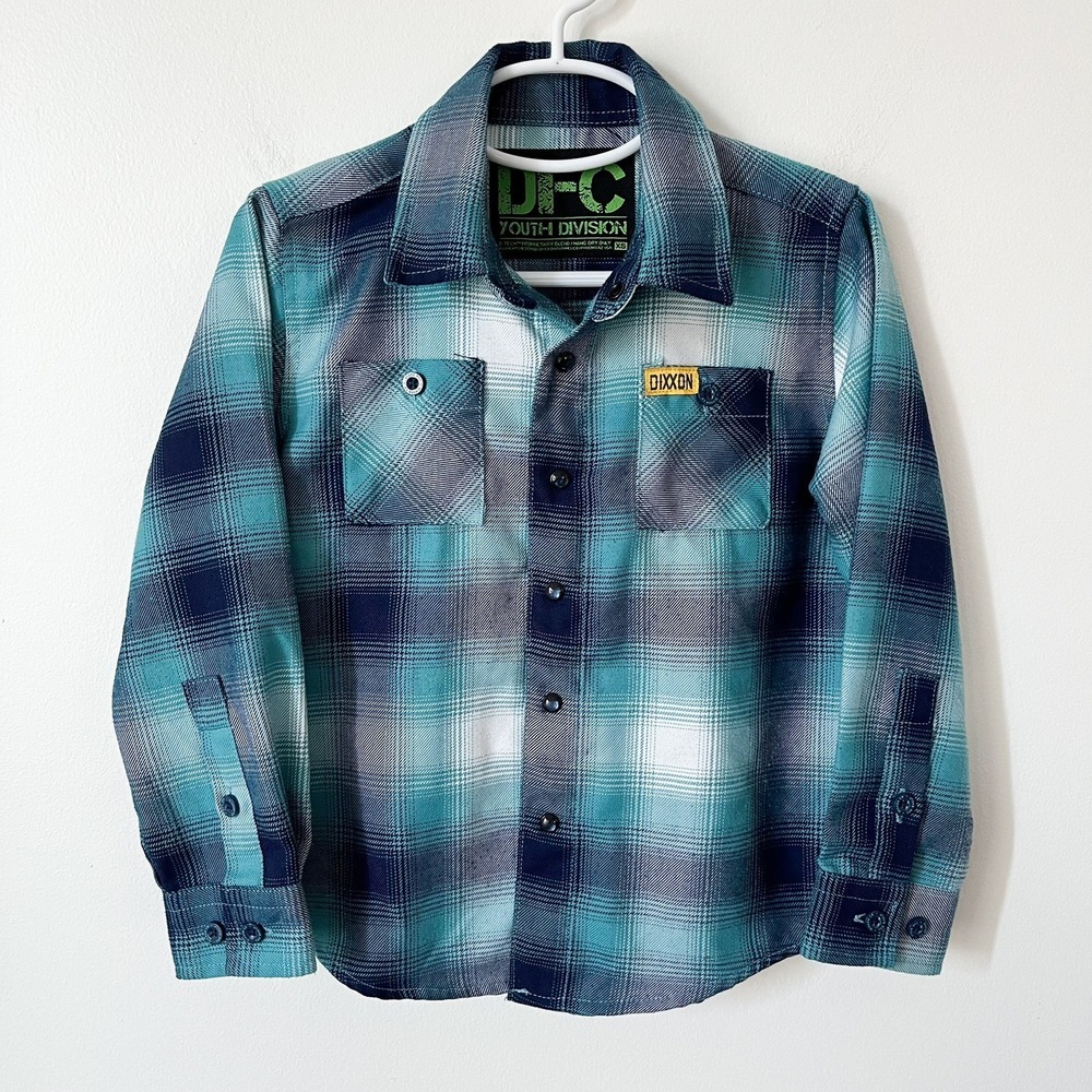Dixxon Youth Boys Plaid Pearl Snap Flannel Shirt XS Navy Blue Turquoise Outdoor‎